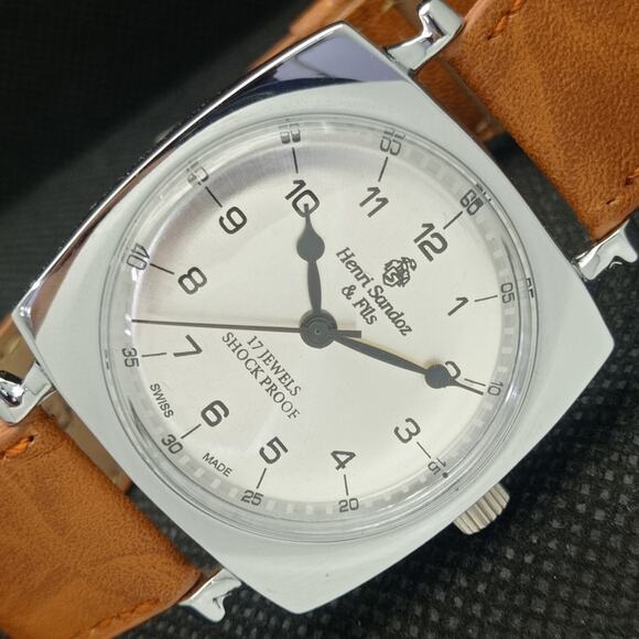 Fortis Other - Vintage 1980 Henri Sandoz Manual Mens Silver Watch W/Leather Strap